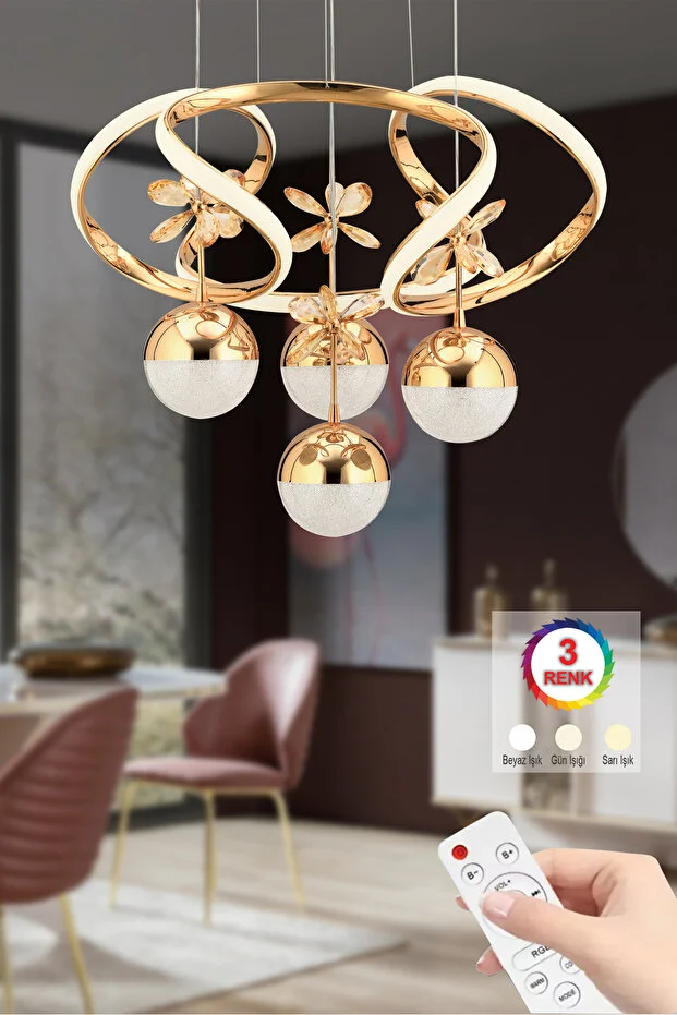 Ramen Kumandalı Gold Sarkıt 3 Renk Led Modern Ledli Avize